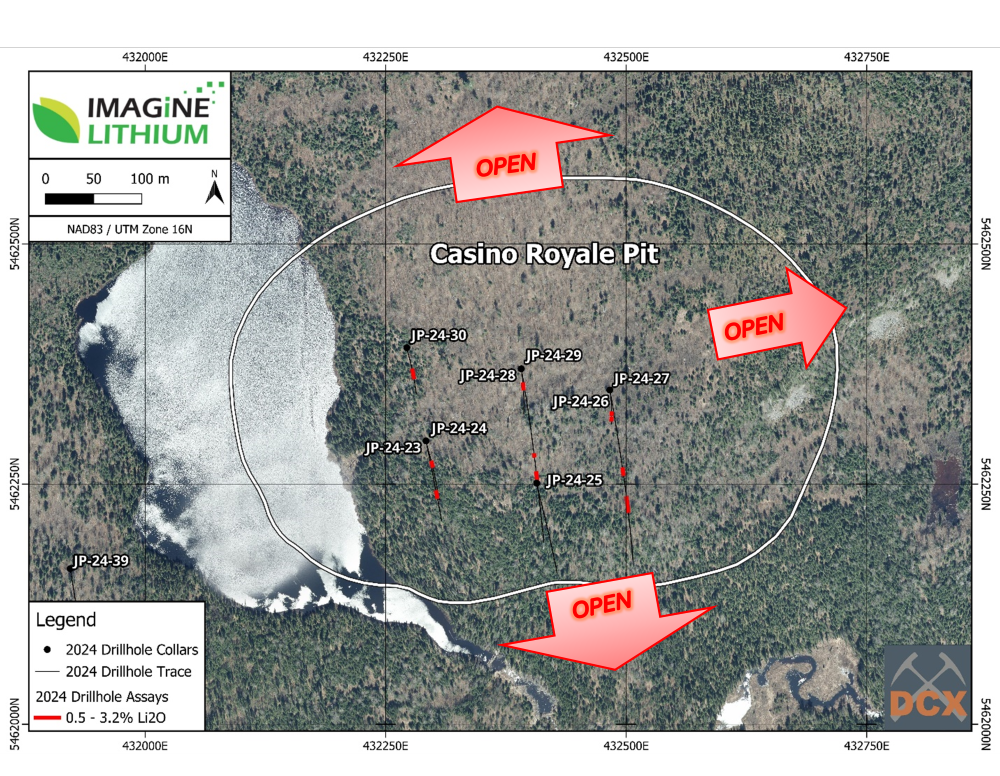 Figure 3: Casino Royale Pit boundary containing 3.1 Mt Inferred MRE @ 1.00% Li2O in eight diamond drill holes.